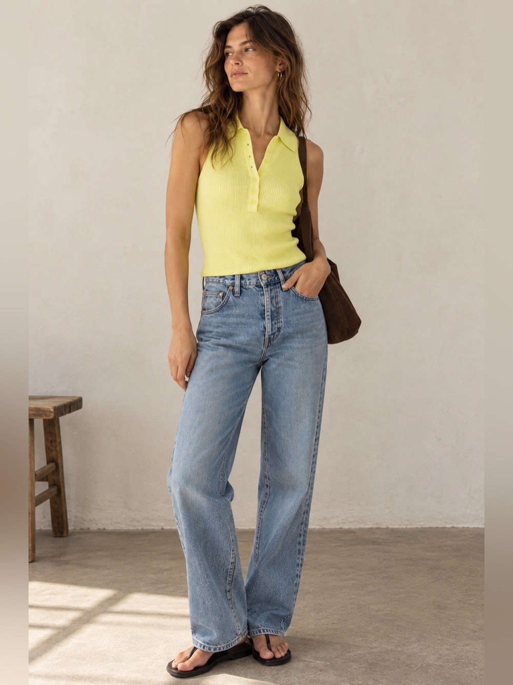 Anthropologie 525 America Knit Polo Tank S Chartreuse Yellow Ribbed Preppy - Picture 5 of 11